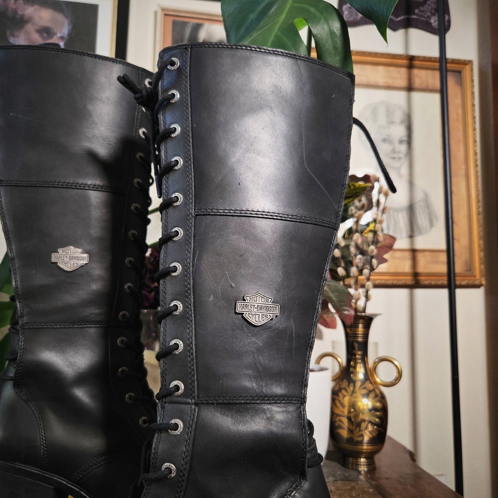 Harley Davidson Aldona Boots Biker Women Black Leather Tall Lace Up Size 7.5 M - Picture 2 of 9